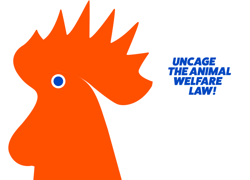 Animals holding a flag that says: uncage the animal welfare law!